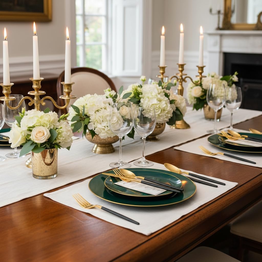 Liacere 150PCS Green Plastic Plates - Gold Plastic Silverware with Green Handle - Heavy Duty Fancy Plastic Plates Disposable Include 30 Guests Plates, Forks, Spoons, Knives for St. Patrick's Day